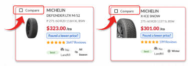 An image of two tires side by side with arrows and circles highlighting the compare box.