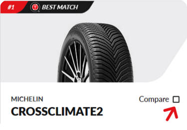 An image of a Michelin CrossClimate 2 tire being shown as a best match with a red arrow pointing to the compare button.