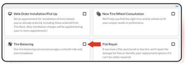 An image of a screenshot of the web page to make an appointment for a tire balancing at Discount Tire with an arrow pointing to the checkmark to select that option.