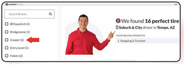 An image of a screenshot of the treadwell tire page with an arrow pointing towards Cooper tires. 