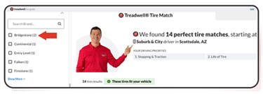 An image of a section of Treadwell pointing towards the Bridgestone tire category with a red arrow.