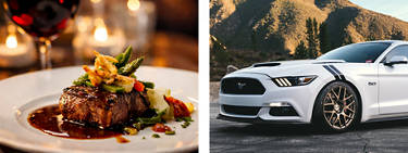 An image of a steak at a Michelin star restaurant next to an image of a vehicle with Michelin tires.