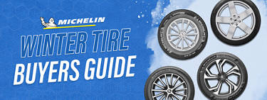 An image of four Michelin snow tires on the right of the image with a blue snowy background and the words 'Michelin: Winter Tire Buyer's Guide' on the left.