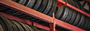 Racks of tires available for purchase