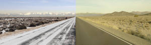 Road with snowy conditions on one side and dry conditions on the other