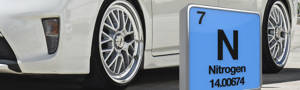 White car with aftermarket rims parked with nitrogen in the tires