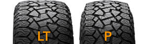 Two all-terrain tires side by side. Left tire is LT and the right tire is passenger rated
