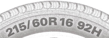 close up of tire sidewall labeled 215/60R/16 92H 