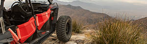 A black and red ATV looking over a mountainside