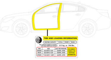 outline of a car highlighting where the door placard is located with tire size information.
