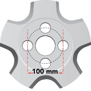 Wheel illustration showing a 100 mm bolt pattern