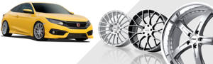Yellow Honda Civic with aftermarket wheels in front