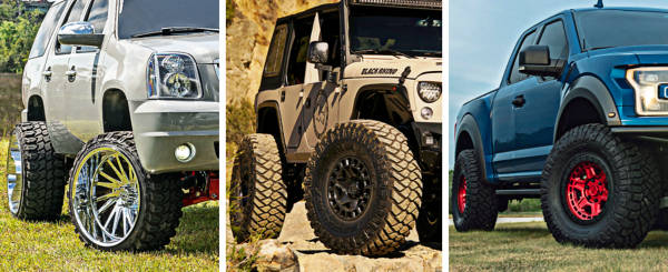 Three images of an SUV, a Jeep, and a truck with lifted wheels and tires divided by three white stripes. 