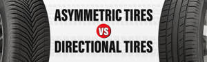 An image of two tires on both sides of the picture, one asymmetric and one directional, with the words 'Asymmetric tires vs directional tires' written in the center.