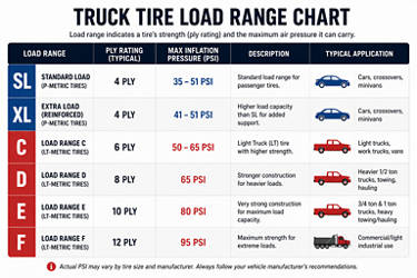 An image of a truck tire load range chart.