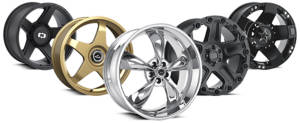 assortment of aftermarket car and truck wheels
