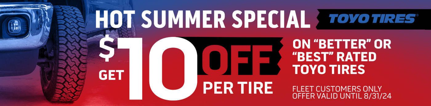 Toyo Tires hot summer special: get $10 off per tire on "better" or "best" rated Toyo Tires; offer valid until 8/31/2024