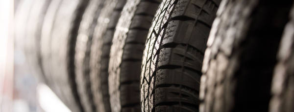Assortment of tires on a rack
