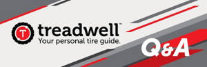 An image of a black, white, red and grey abstract striped background with the words 'Treadwell: Your personal tire guide: Q and A written on it with the Treadwell logo.