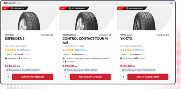 an image of comparing three tire prices in Treadwell with a circle emphasizing the compare section.