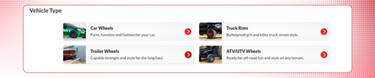 An image of the 'Vehicle Type' section of the website where customers can see what wheels they can buy based on their vehicle type. 