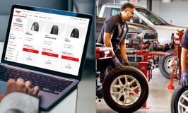Shopping for tires online next to tire technicians installing new tires