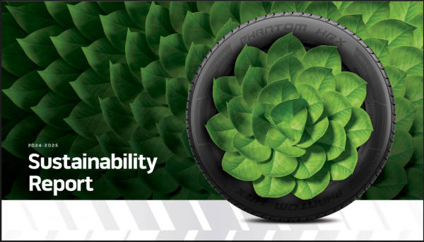Sustainability Report cover with a tire and several green leaves growing in the center of it